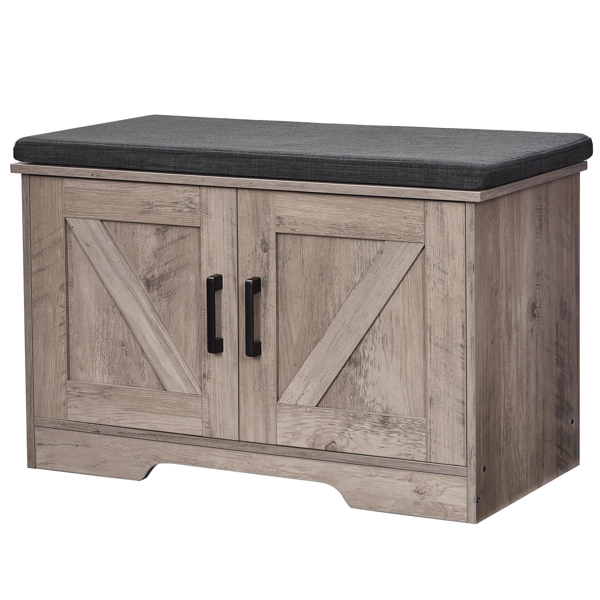 Greige Shoe Storage Bench, 27.6 Inch, Barn Doors and Padded Seat