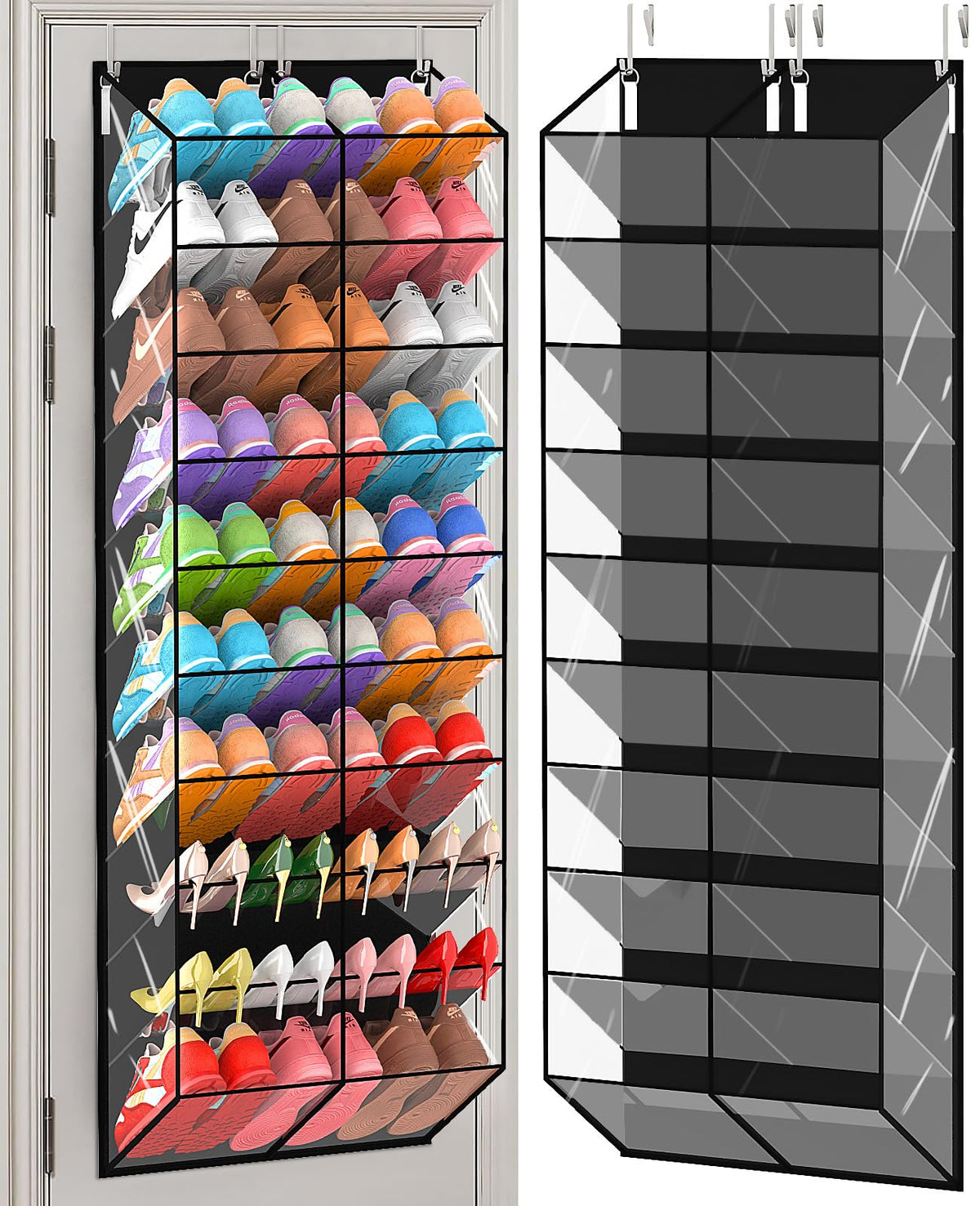 Clear Over the Door Shoe Organizer, 10 Tier, 20 Pockets, Black Frame