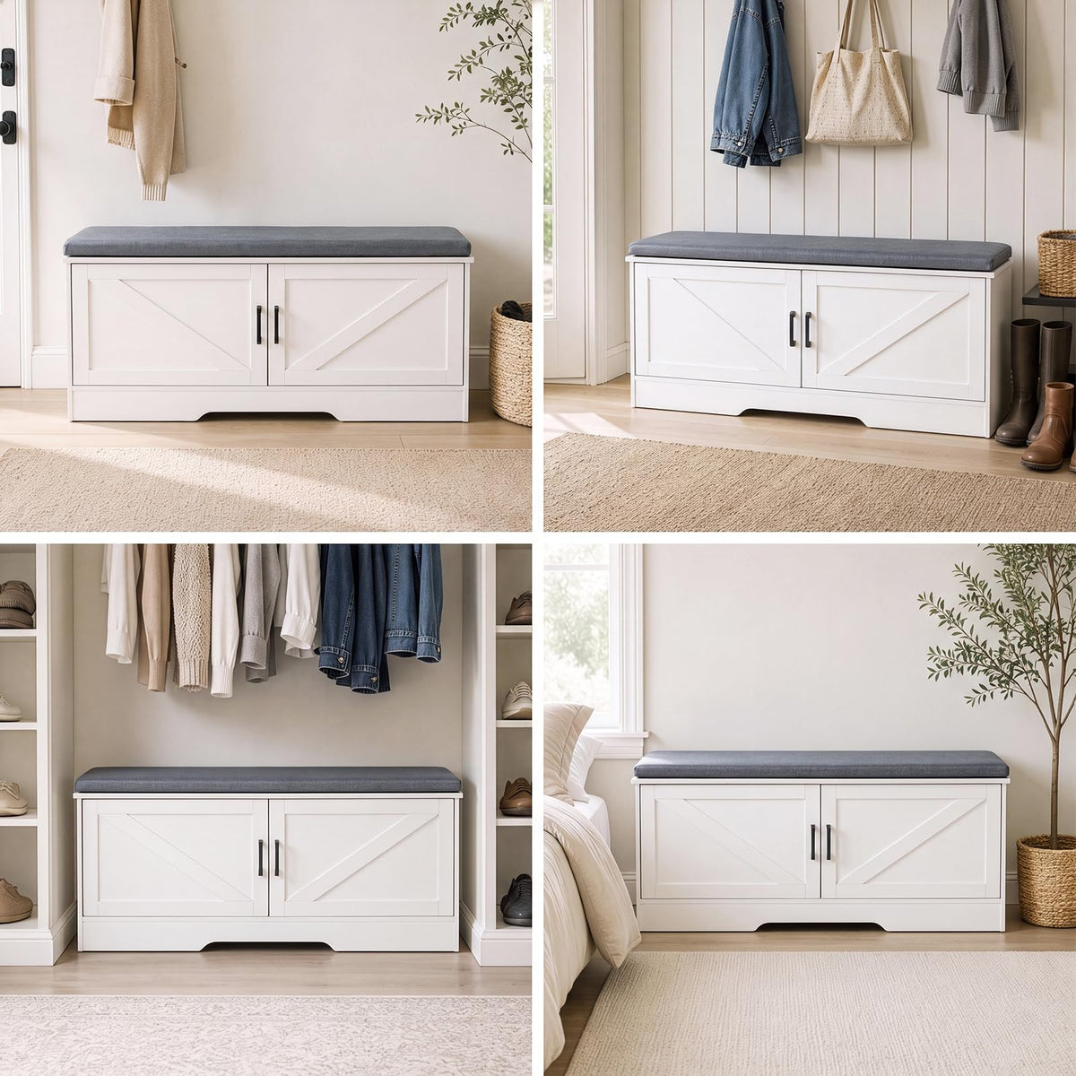 White Shoe Storage Bench with Doors and Padded Seat, 39.4 Inch