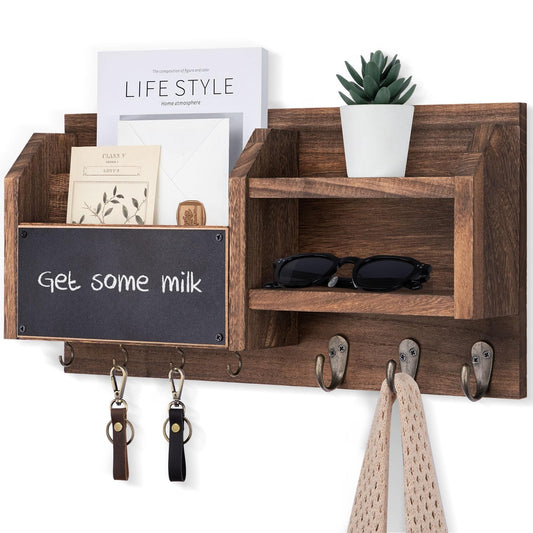 Mail and Key Organizer with Chalkboard, 7 Hooks, 16.5 Inch, Brown