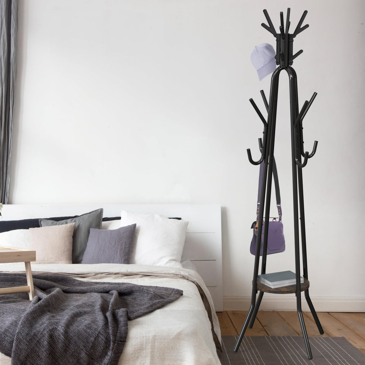 Standing Coat Rack with 20 Hooks and Shelf, 74 Inch, Black and Brown