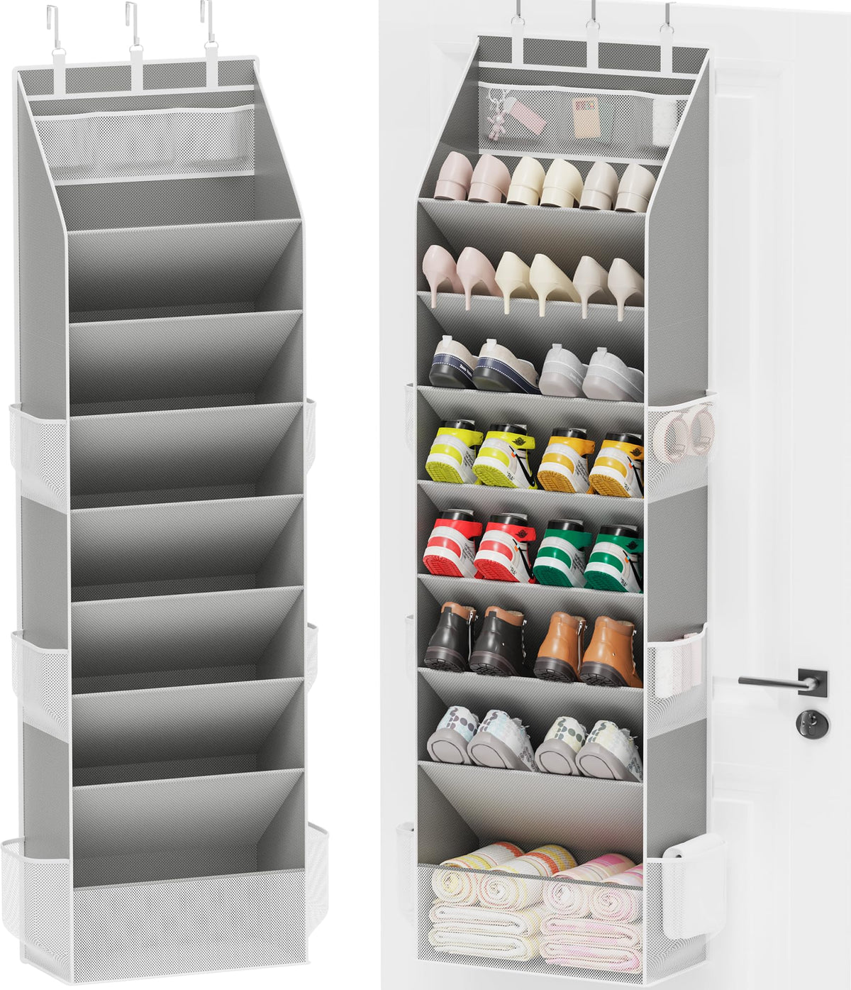 Gray Hanging Shoe Organizer for Doors, 8 Tiers, Holds 16 to 24 Pairs