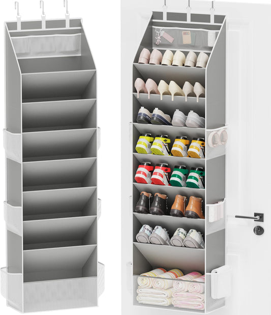 Gray Hanging Shoe Organizer for Doors, 8 Tiers, Holds 16 to 24 Pairs
