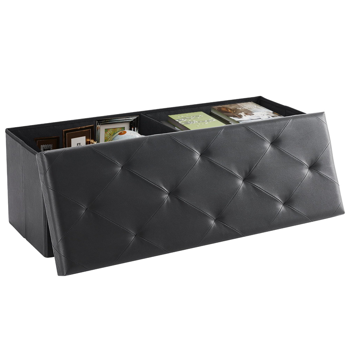 Black Faux Leather Storage Ottoman Bench, 43 Inch, Folds Flat