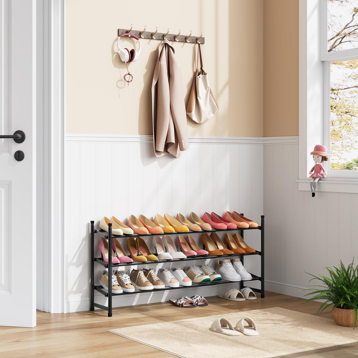 3-Tier Expandable Shoe Rack, Extends 28 to 41 Inches, Stackable, Black