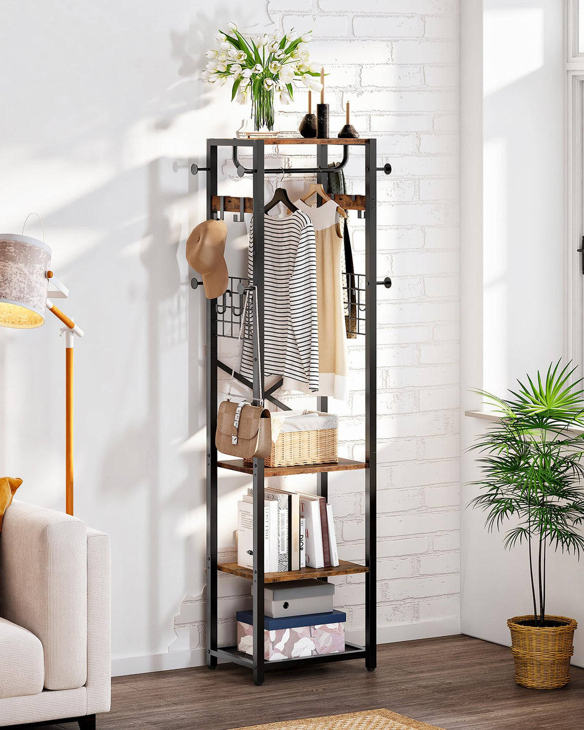 Industrial Hall Tree with 16 Hooks, Shelves and Hanging Rail, Rustic Brown