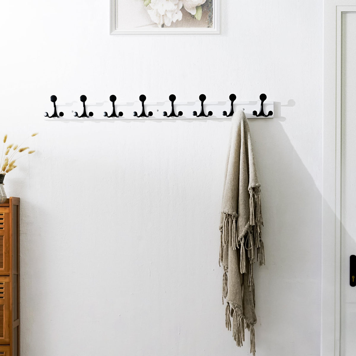 White Wood Wall Coat Rack, 43 Inch with 8 Triple Hooks