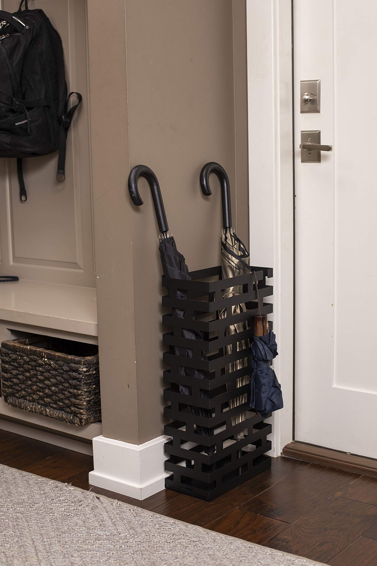 Black Iron Umbrella Stand with Removable Tray, Striped Design