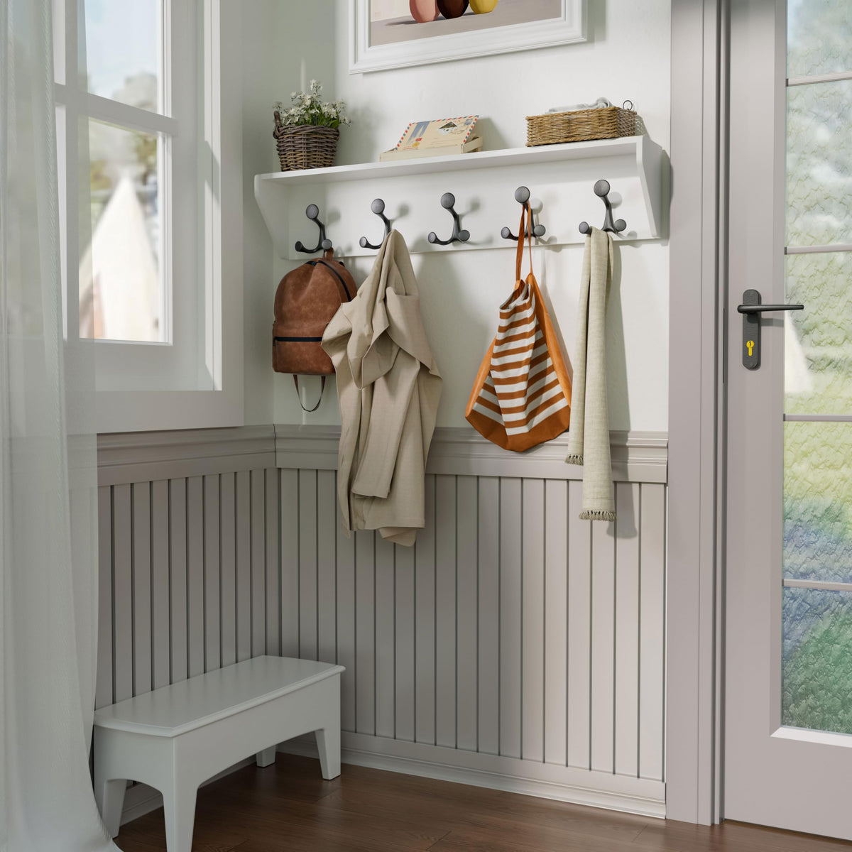 White Wall Mounted Coat Rack with Shelf, 5 Triple Hooks, 35 Inch
