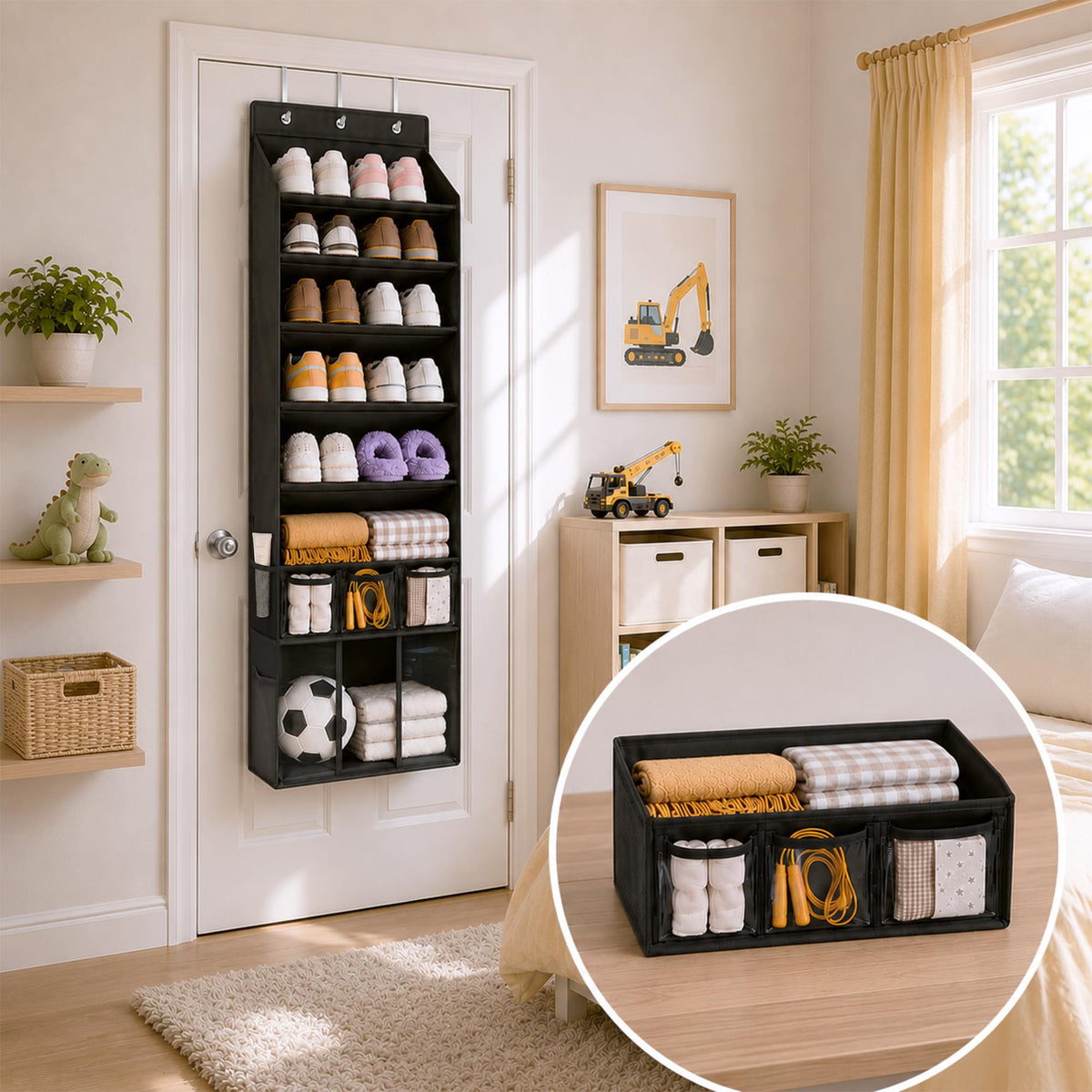 Over the Door Shoe Organizer, 5 Slanted Compartments, Black Fabric