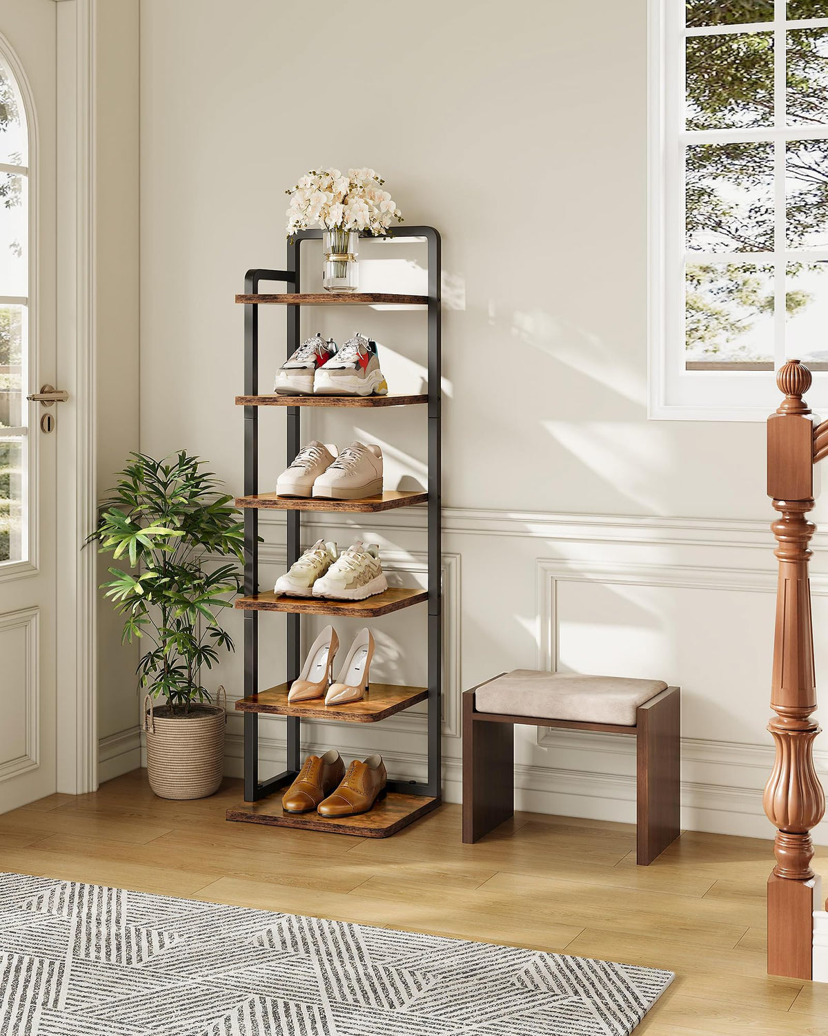 6 Tier Narrow Shoe Tower, Rustic Brown and Black Corner Rack
