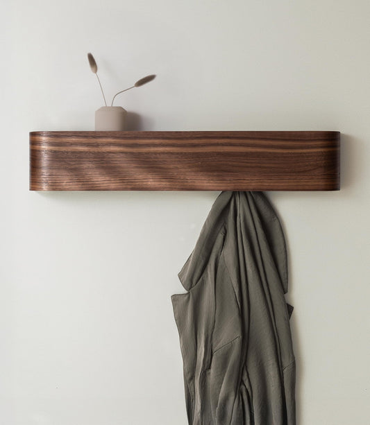 Walnut Veneer Wall Coat Rack with Shelf, 5 Hidden Hooks, 20.7 Inch