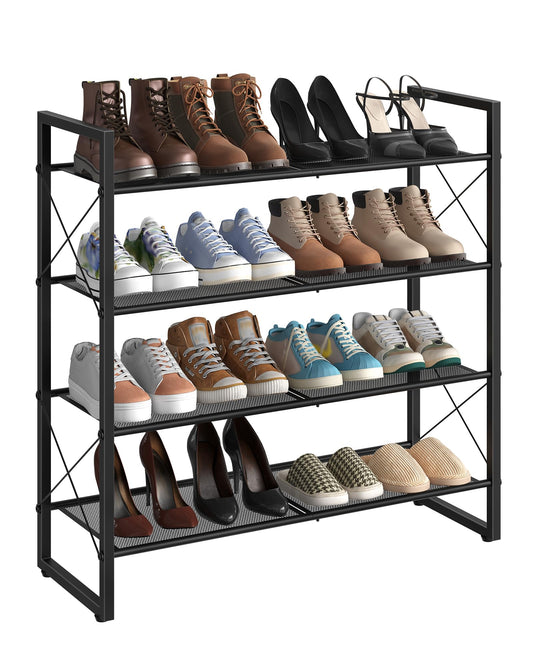4 Tier Black Shoe Rack with Mesh Shelves and Adjustable Feet, 30 Inch