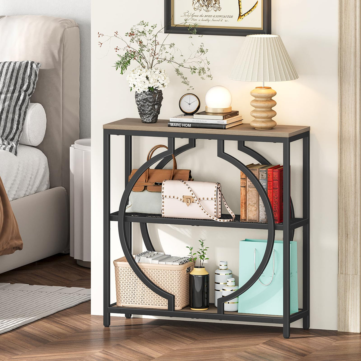 Narrow 3 Tier Console Table with Round Base, 29.5 Inch, Grey