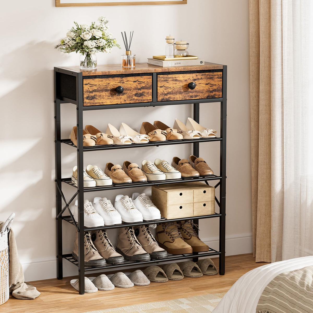5 Tier Shoe Rack with 2 Storage Drawers and Wood Top, Rustic Brown