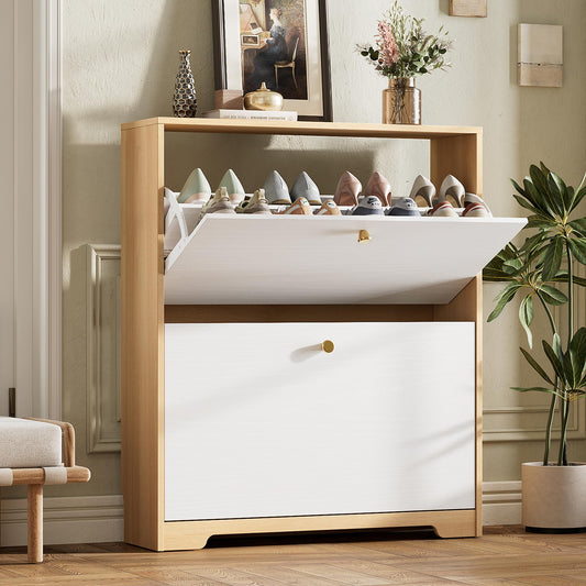 Two-Tone Shoe Storage Cabinet, 2 Flip Drawers, Oak and White