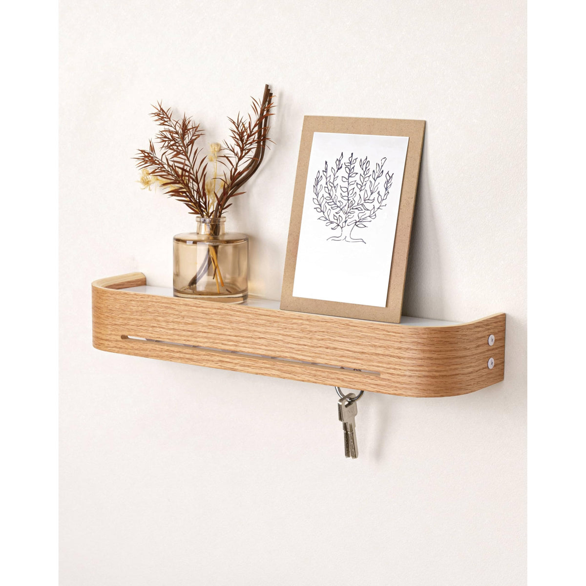Key Holder Shelf with Sliding Hide-Away Hooks, 16 Inch, Oak Finish