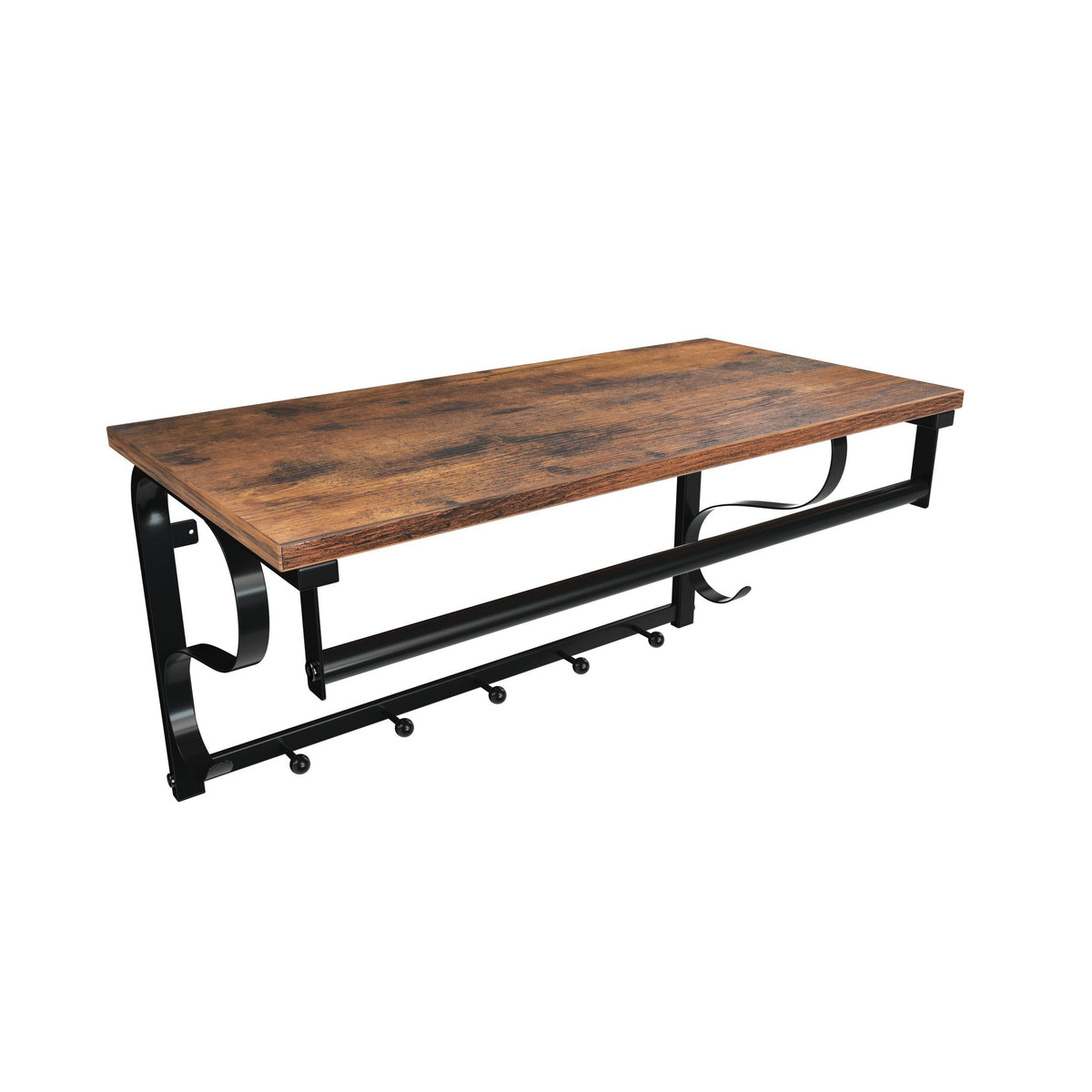 3 in 1 Wall Coat Rack with Shelf, Hanging Rail and 5 Hooks, Rustic Brown
