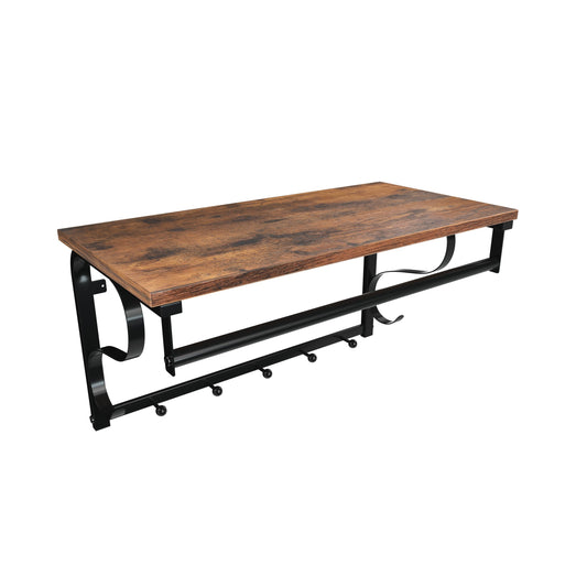 3 in 1 Wall Coat Rack with Shelf, Hanging Rail and 5 Hooks, Rustic Brown