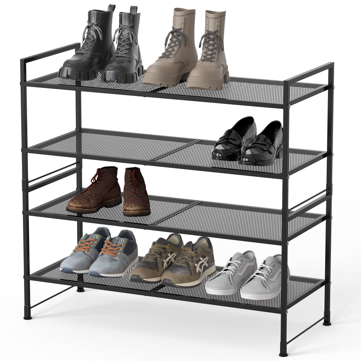 Stackable 2 Tier Mesh Shoe Shelf, 26.4 Inch, Black Metal, 6 Pairs