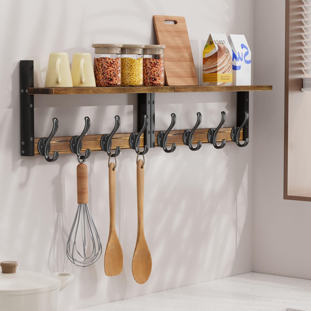 Rustic Brown Wall Hooks with Shelf, 33 Inch, 8 Coat Hooks