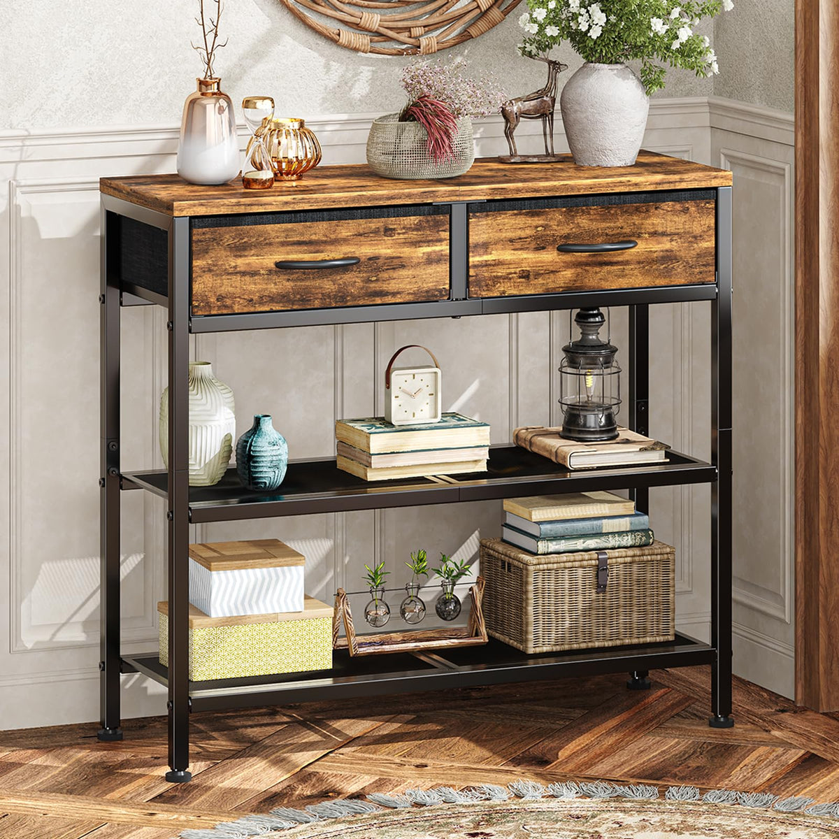 Narrow Console Table with 2 Fabric Drawers, 32 Inch, Rustic Brown
