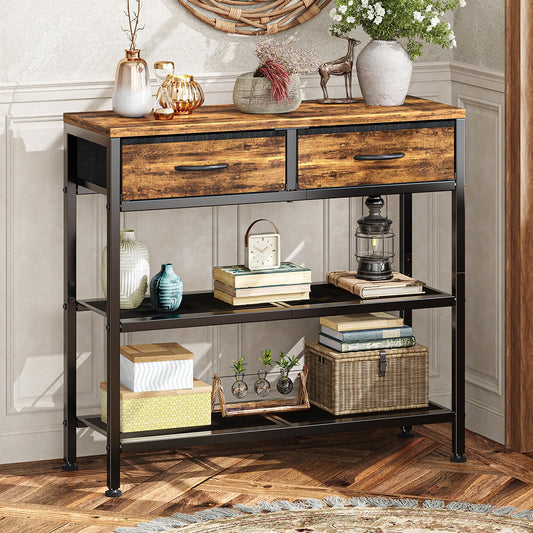 Narrow Console Table with 2 Fabric Drawers, 32 Inch, Rustic Brown