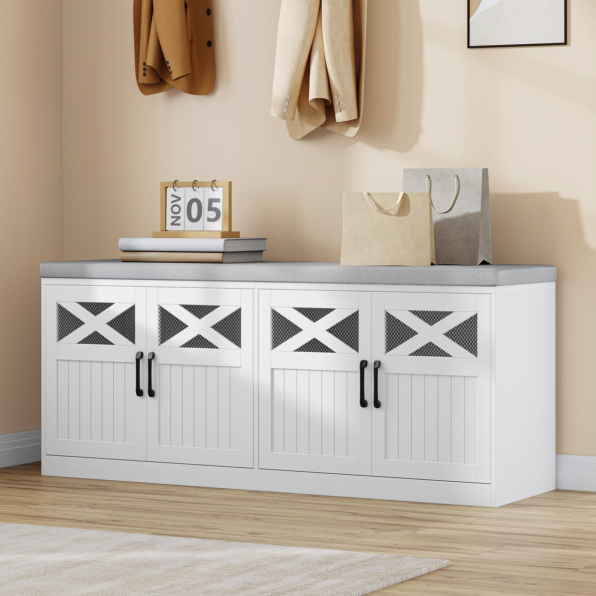 Shoe Storage Bench with 4 Barn Doors and Cushion, 47.2 Inch, White