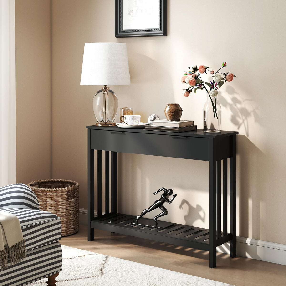 Black Narrow Console Table with Drawer and Open Shelf, 39.4 Inch