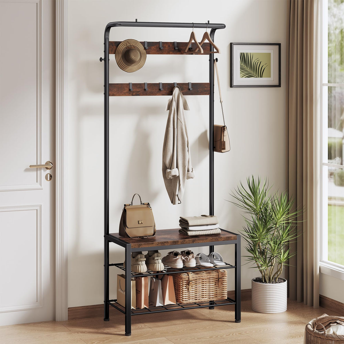 4 in 1 Hall Tree with Shoe Bench, 10 Hooks and Storage Shelf, Deep Brown
