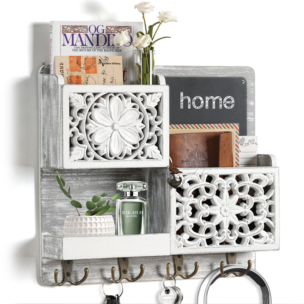 White Wall Mail Organizer with Chalkboard and 8 Hooks