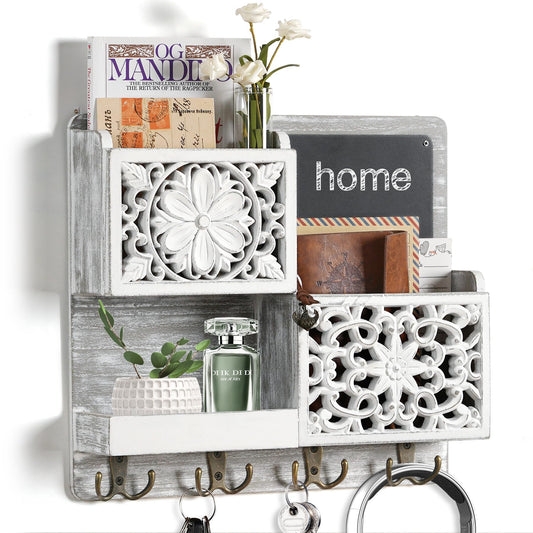 White Wall Mail Organizer with Chalkboard and 8 Hooks