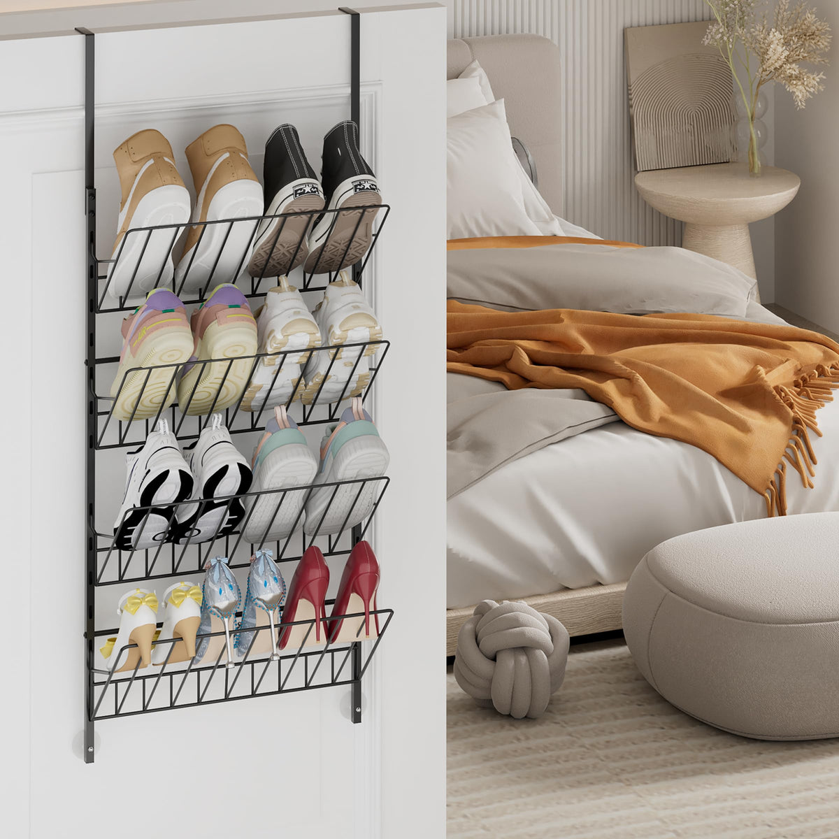 Adjustable Over the Door Shoe Rack, 4 Tier Black Metal Organizer
