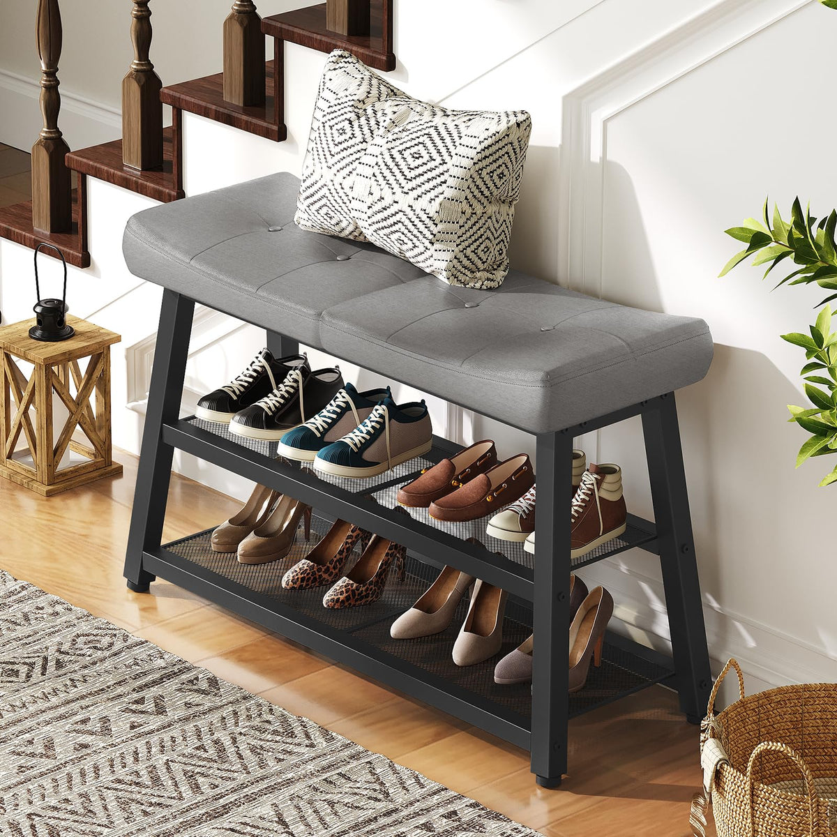 Upholstered Shoe Bench, 3 Tier, 29.5 Inch, Gray and Black Metal