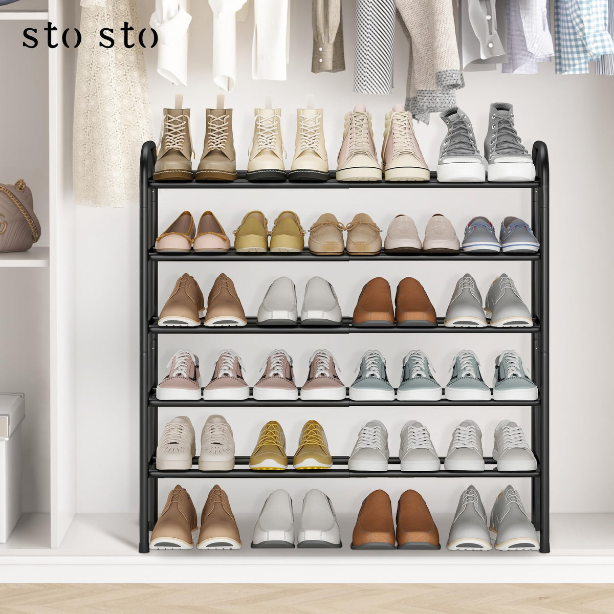 5 Tier Adjustable Width Shoe Rack, Fits 24 Pairs, Black Metal