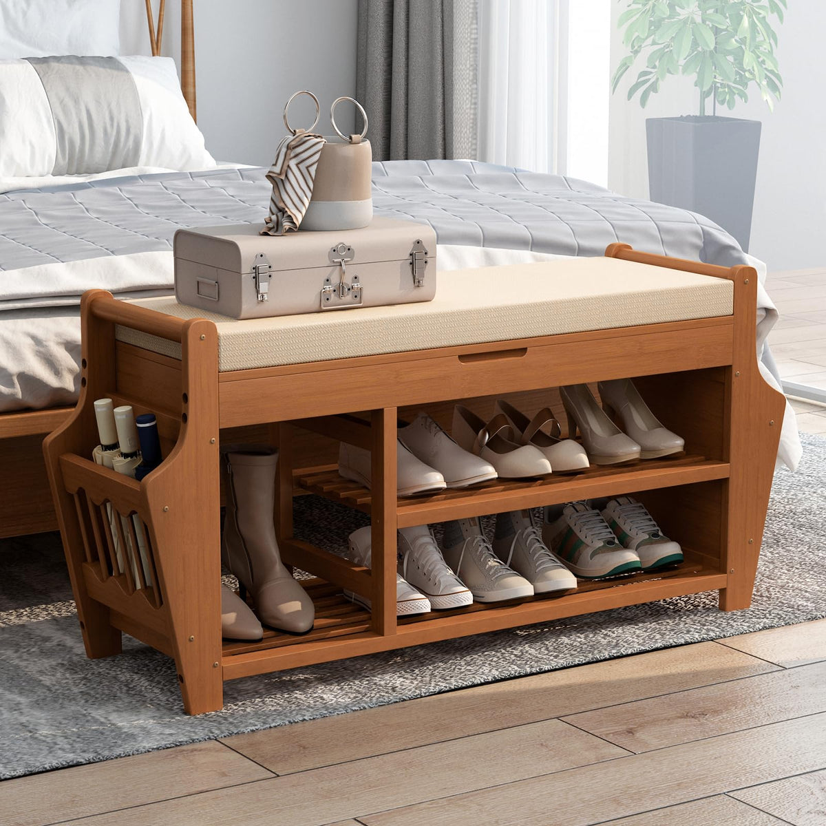 Bamboo Shoe Bench with 2 Side Baskets, 3 Tier, 39.4 Inch, Nut Brown