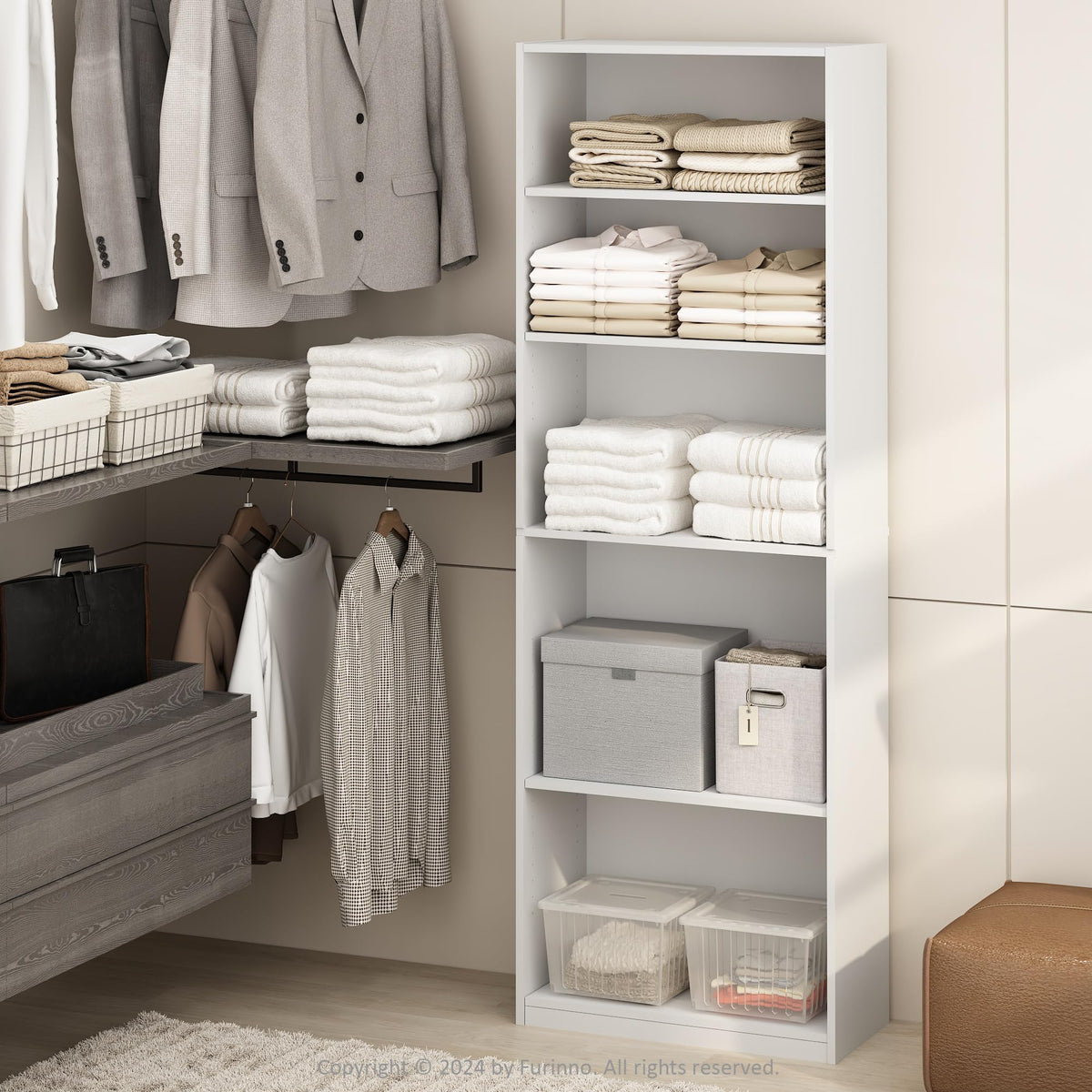 5 Tier Open Closet Shelf Tower, 24.5 Inch Wide, 71.2 Inch Tall, White