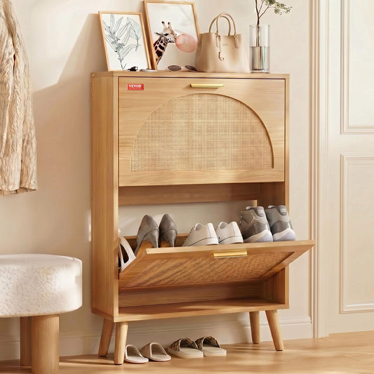 Rattan Shoe Cabinet with 2 Flip Drawers, Slim Entryway Shoe Storage