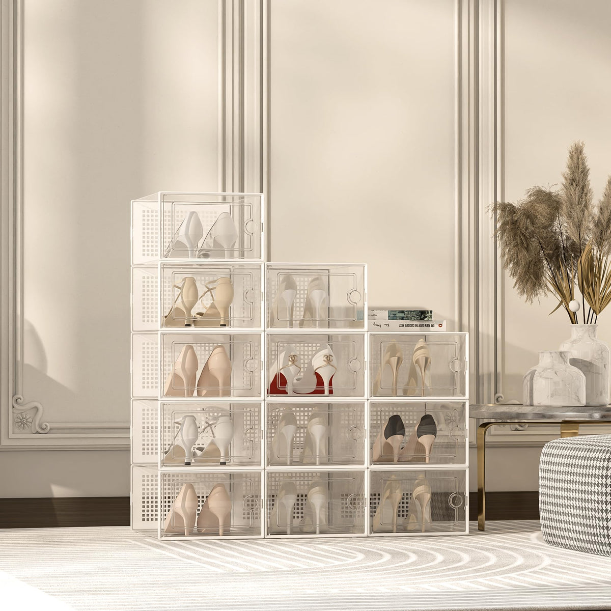 Stackable Shoe Boxes, 12 Pack, X-Large, White Frame Shoe Organizer