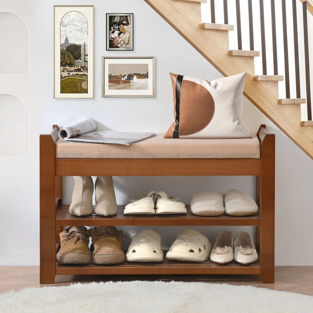 Cushioned Bamboo Shoe Bench, 28 Inch Entryway Seat with Shoe Shelf, Brown