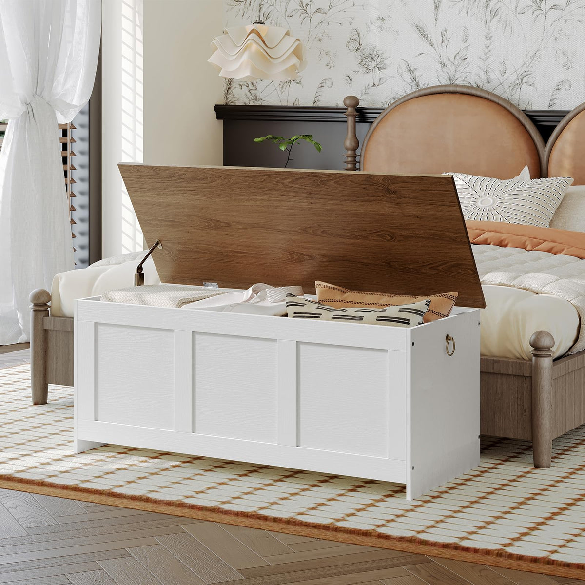 Lift Top Storage Bench, 39.3 Inch Wood Chest, White and Walnut