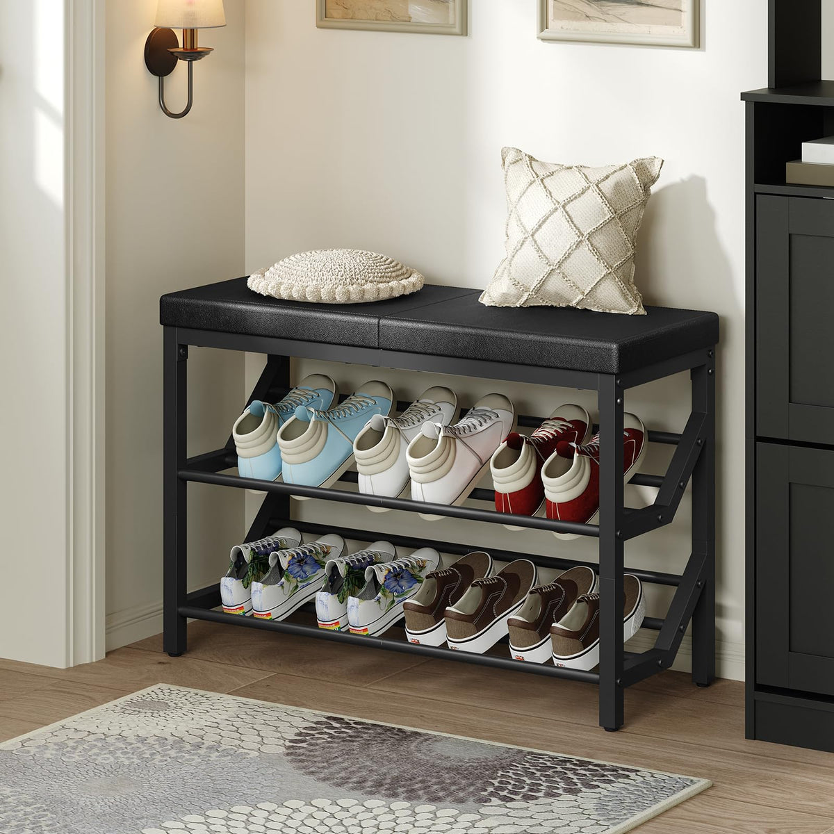 Black Shoe Bench with PU Leather Cushion and 2 Slanted Shoe Shelves