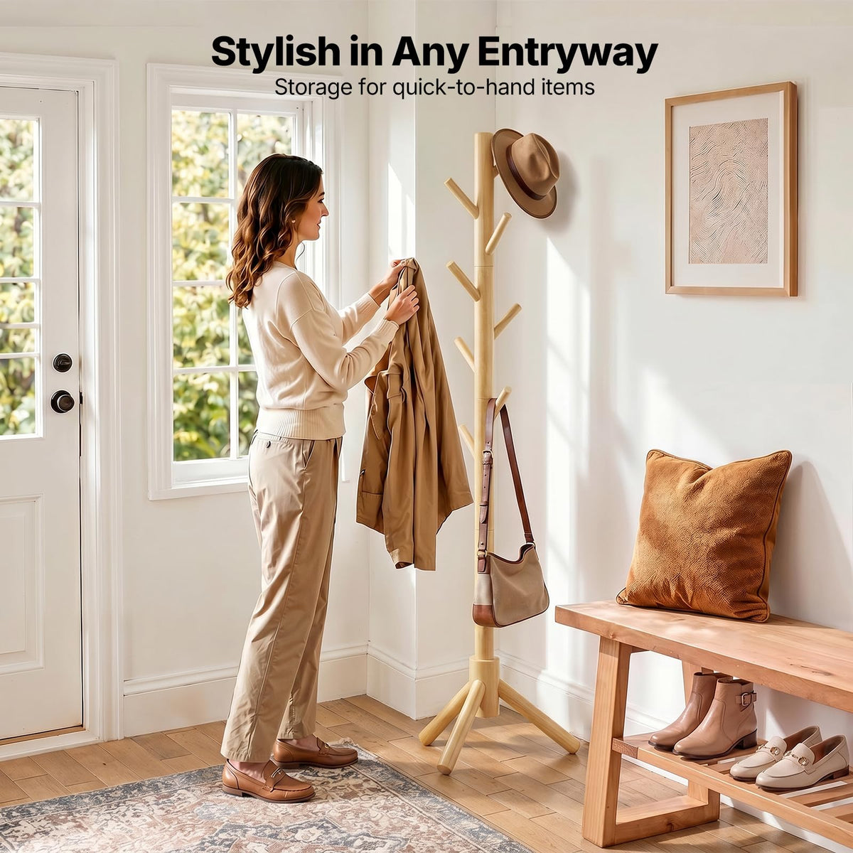 Natural Solid Wood Coat Stand with 8 Hooks, 3 Height Settings