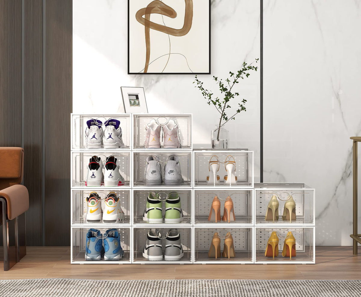 XXL Clear Shoe Boxes, 12 Pack, Stackable, Fits Size 14