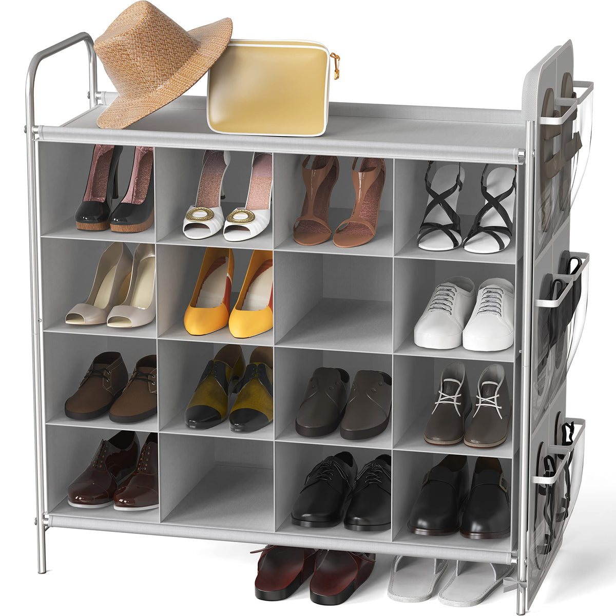 16 Cube Shoe Cubby Rack, 4 Tier, Gray, with Side Pockets