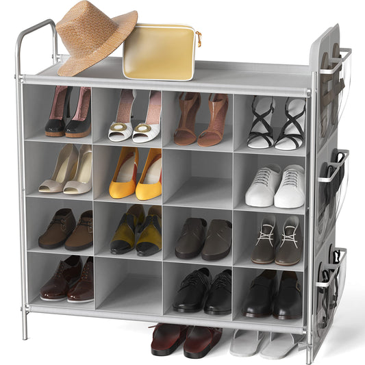 16 Cube Shoe Cubby Rack, 4 Tier, Gray, with Side Pockets
