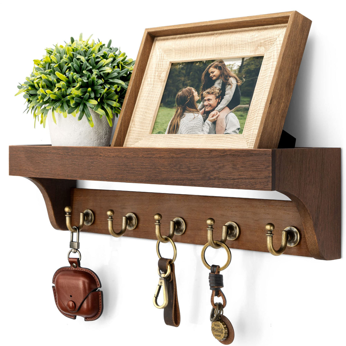 Wall Mounted Key Holder with 5 Hooks, Entryway Key Rack for Wall, Retro Brown
