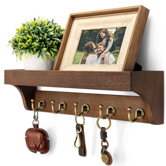 Wall Mounted Key Holder with 5 Hooks, Entryway Key Rack for Wall, Retro Brown