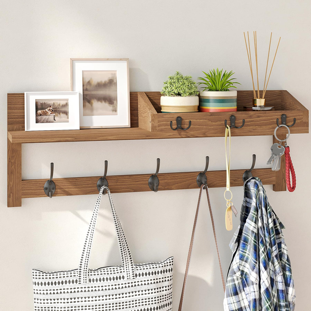 26.57 Inch Wall Shelf with 5 Double Coat Hooks and 3 Key Hooks, Brown