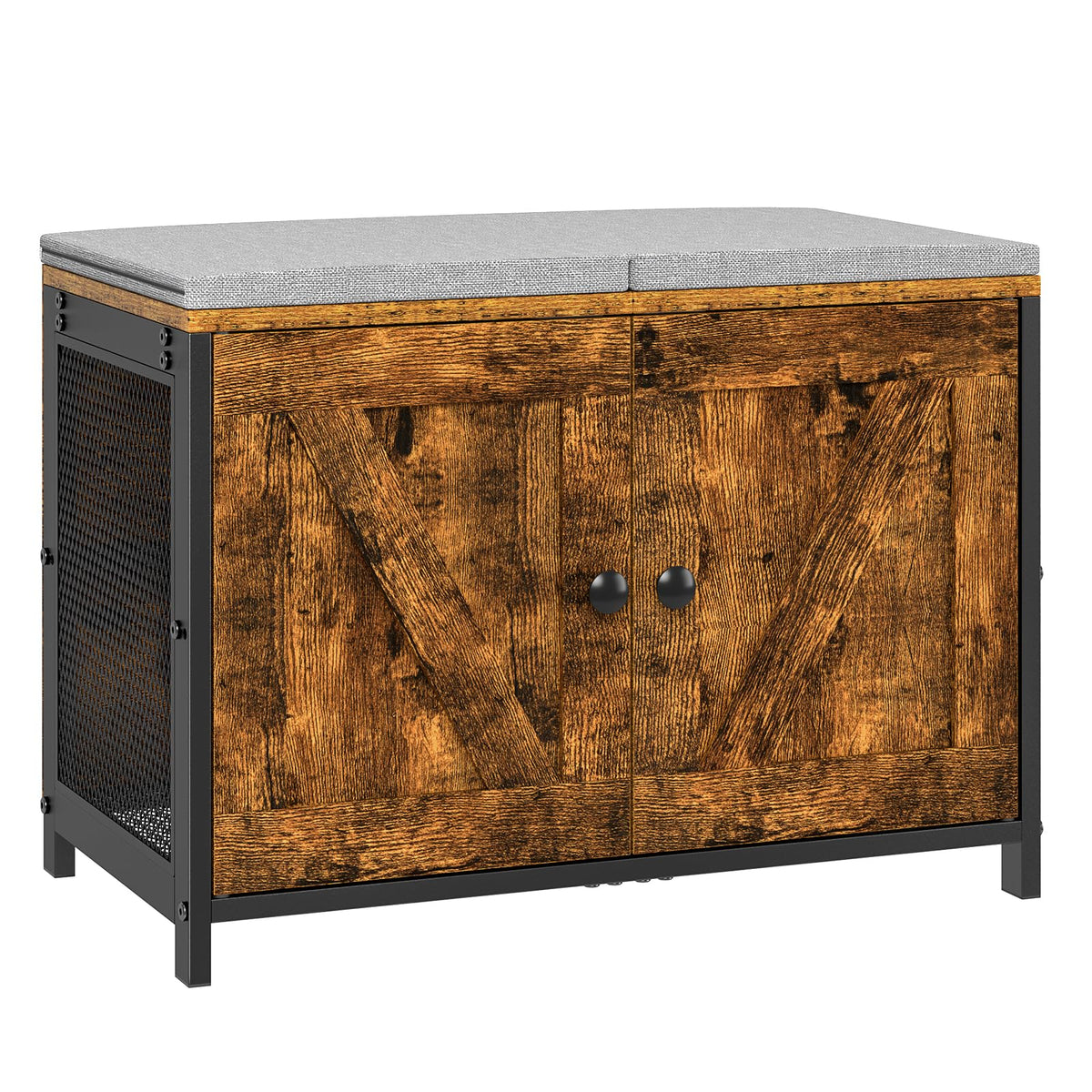 Small Shoe Storage Bench with Doors and Cushion, 23.6 Inch, Rustic Brown